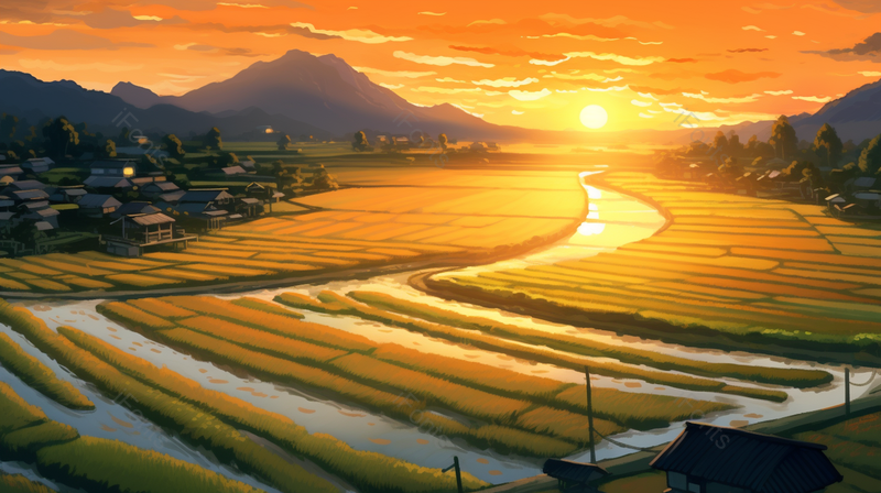 橙色日落稻田自然美景插画,插画/手绘图,插画/手绘图库,插画/手绘图下载,插画/手绘